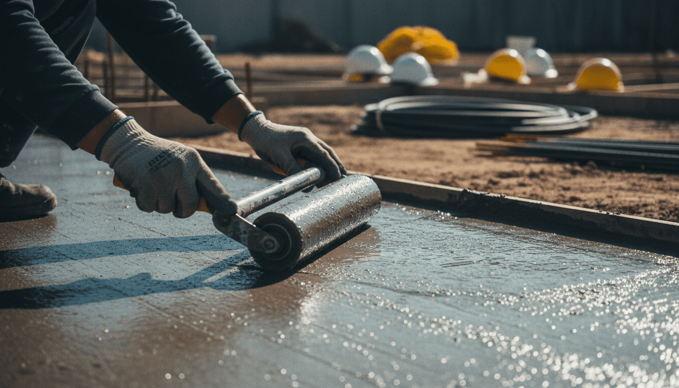 Construction worker applying protective coating to concrete foundation
